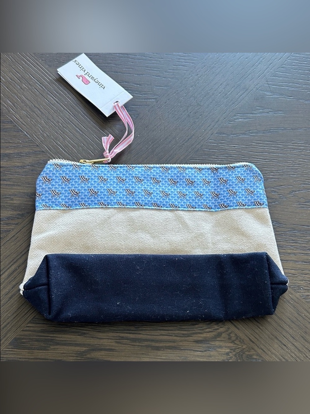 Vineyard Vines Blue Canvas Cosmetic Pouch with Pink Logo - Picture 4 of 5